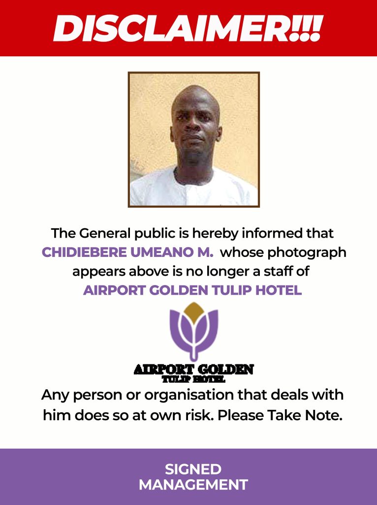 DISCLAIMER Chidiebere Umeano M Golden Tulip Hotel